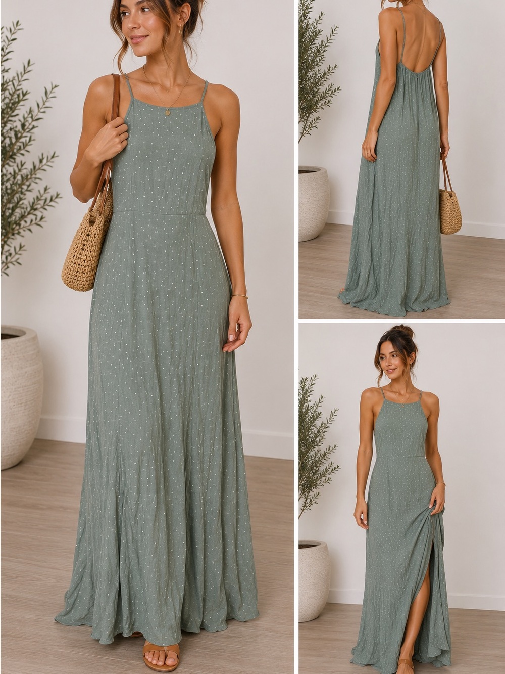 re:named Sage Green Maxi Dress with Tiny White Dots